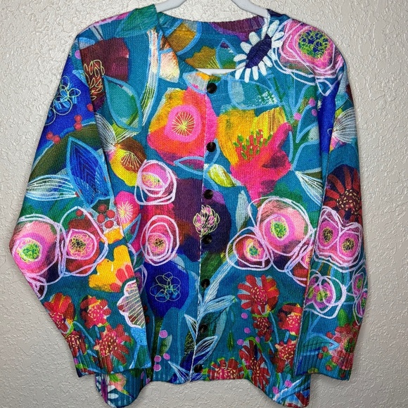 Blue Pink Art To Wear Vibrant Floral Cardigan Sweater Women's Size Large - Picture 1 of 12